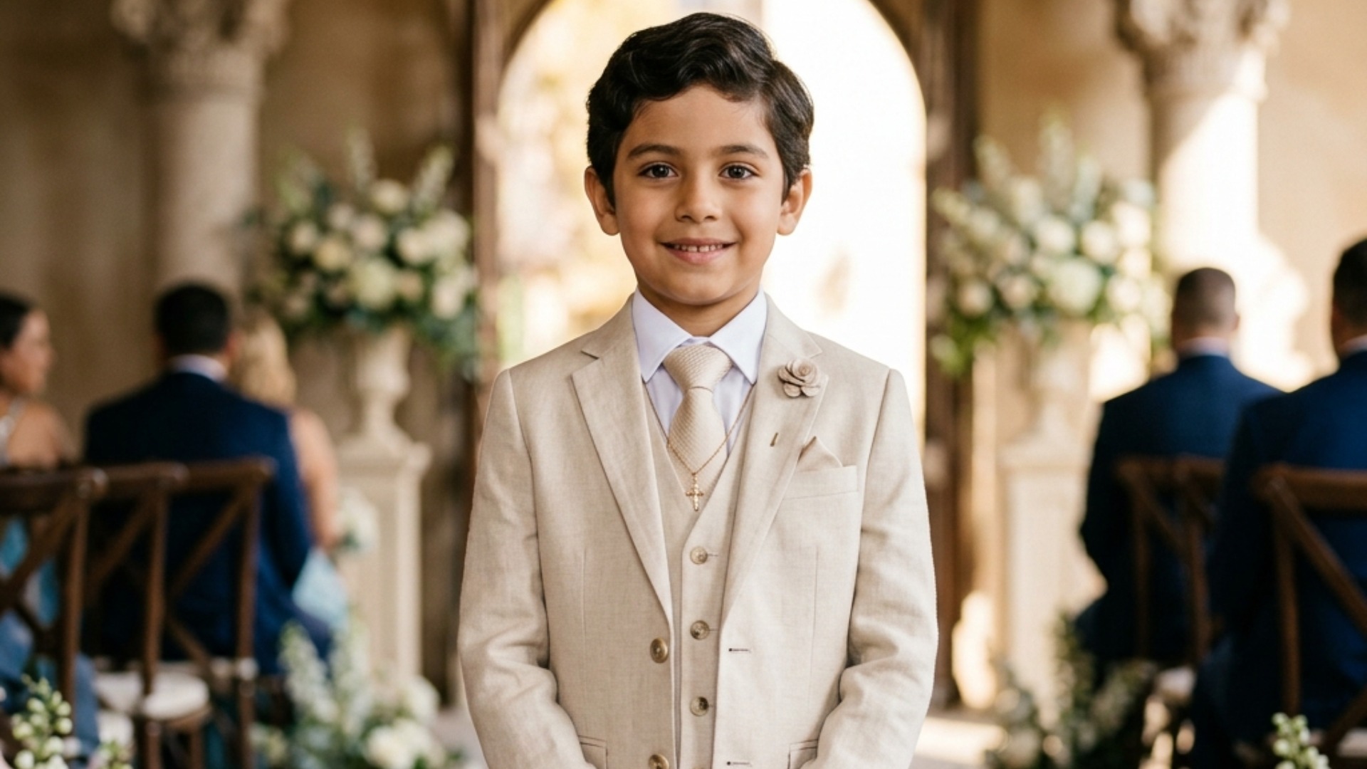 Niño vestido con traje elegante de ceremonia