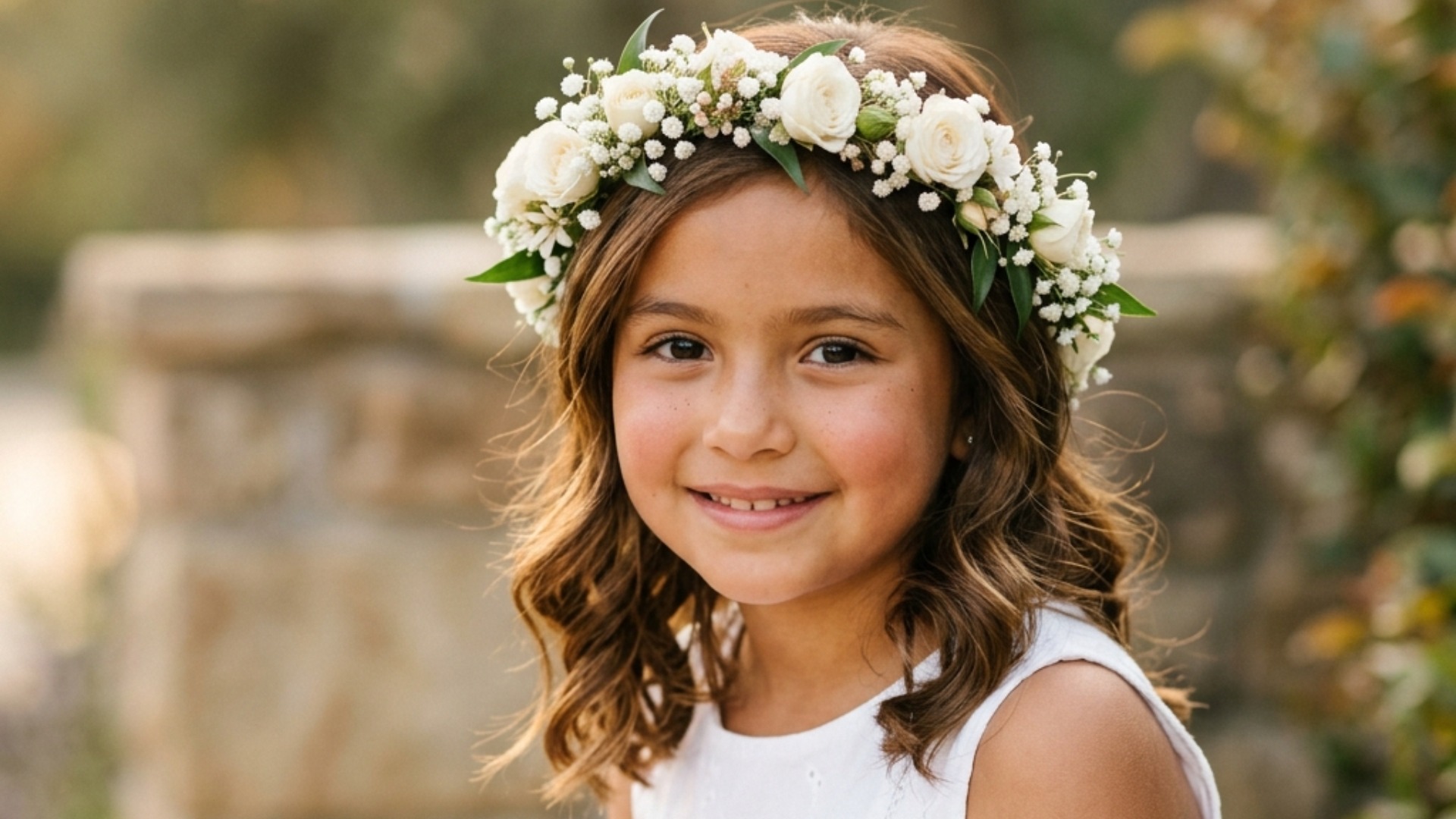 Niña vestida de blanco para su primera comunión