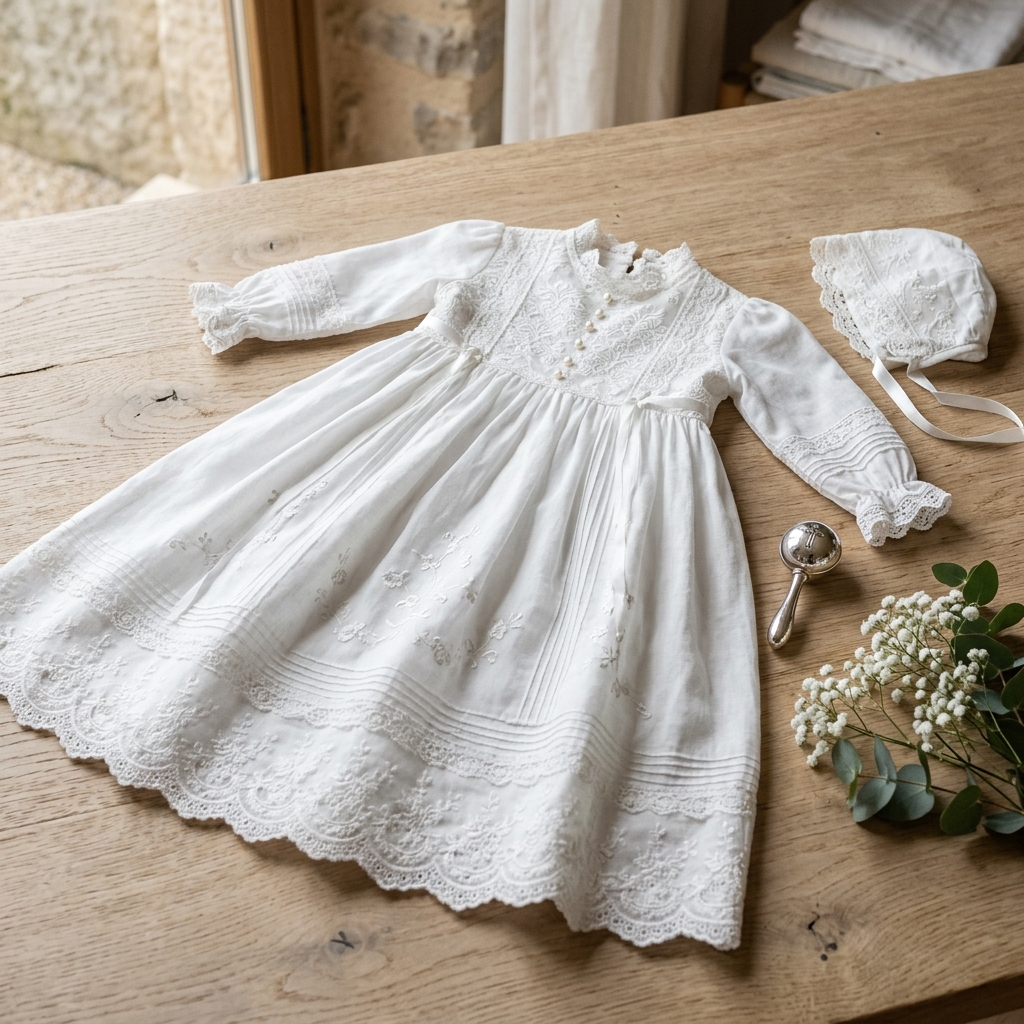 Ropón de bautizo blanco con encaje delicado sobre superficie clara