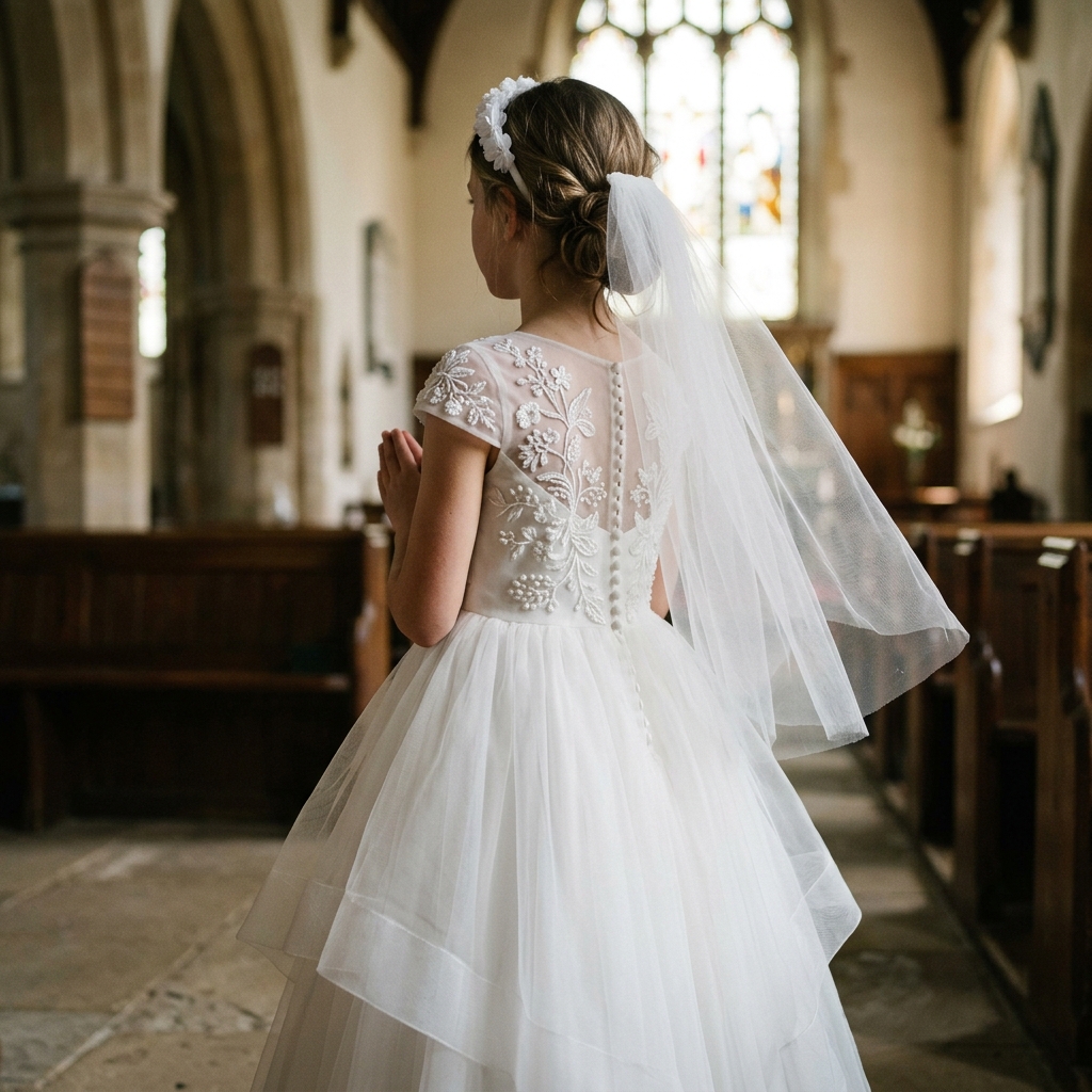 Silueta elegante de vestido blanco con tul y bordado artesanal