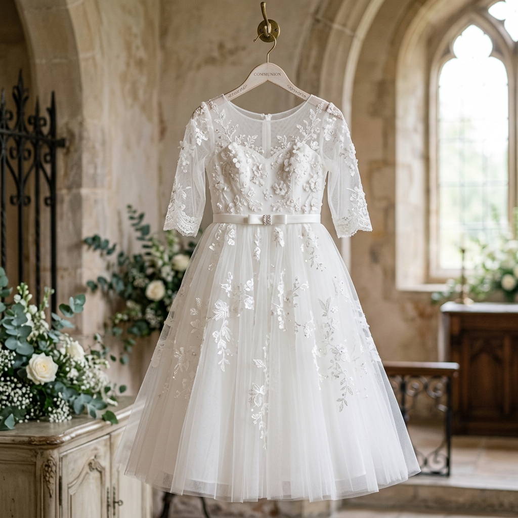 Vestido blanco de Primera Comunión con detalles florales en tul