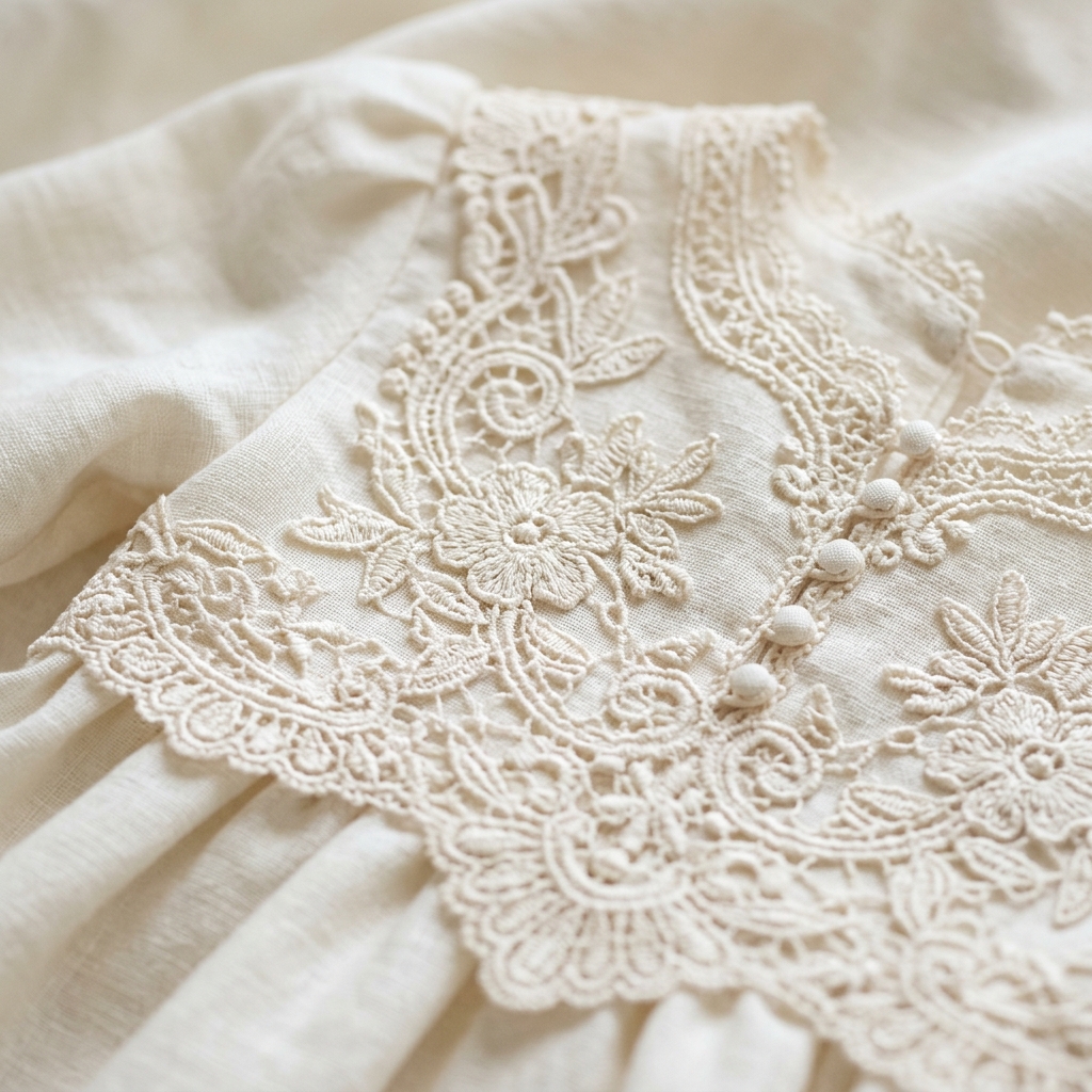 Detalle de encaje artesanal en tela ivory para vestido de ceremonia infantil
