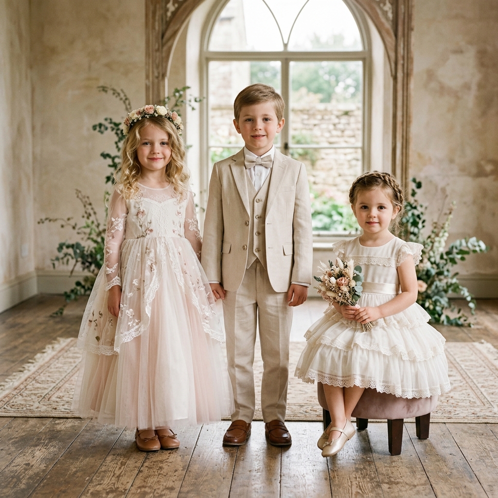 Paleta de tonos neutros y pasteles tendencia 2026 para moda infantil de ceremonia