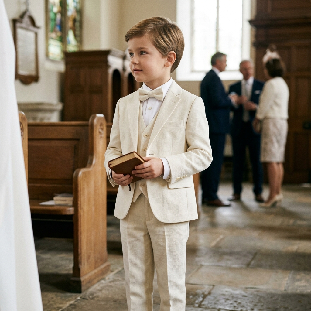 Traje de ceremonia para niño en tono ivory con camisa blanca, estilo editorial