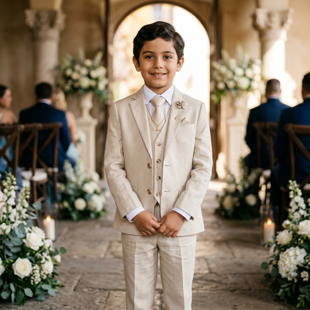 Niño con traje formal de ceremonia blanco